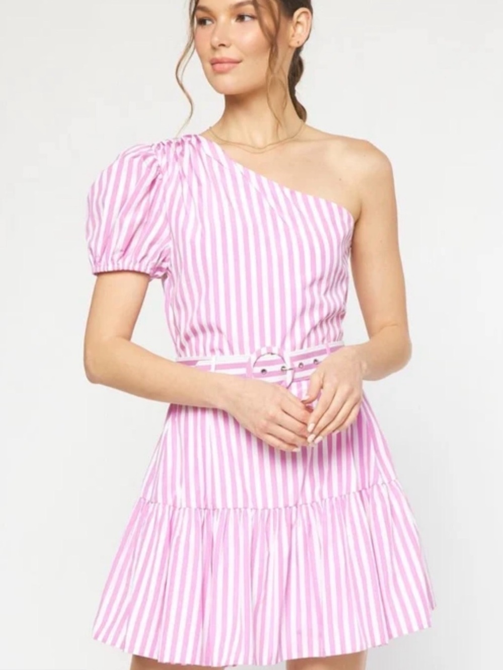 entro Pink and White One-Shoulder Stripe Dress